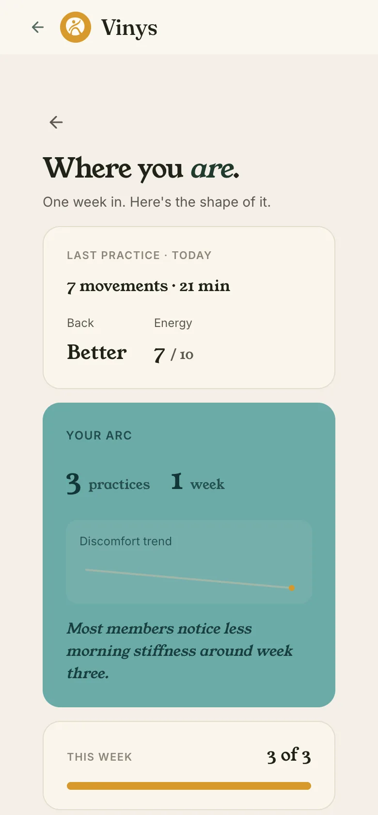 Vinys progress after one week: three practices and discomfort trending down